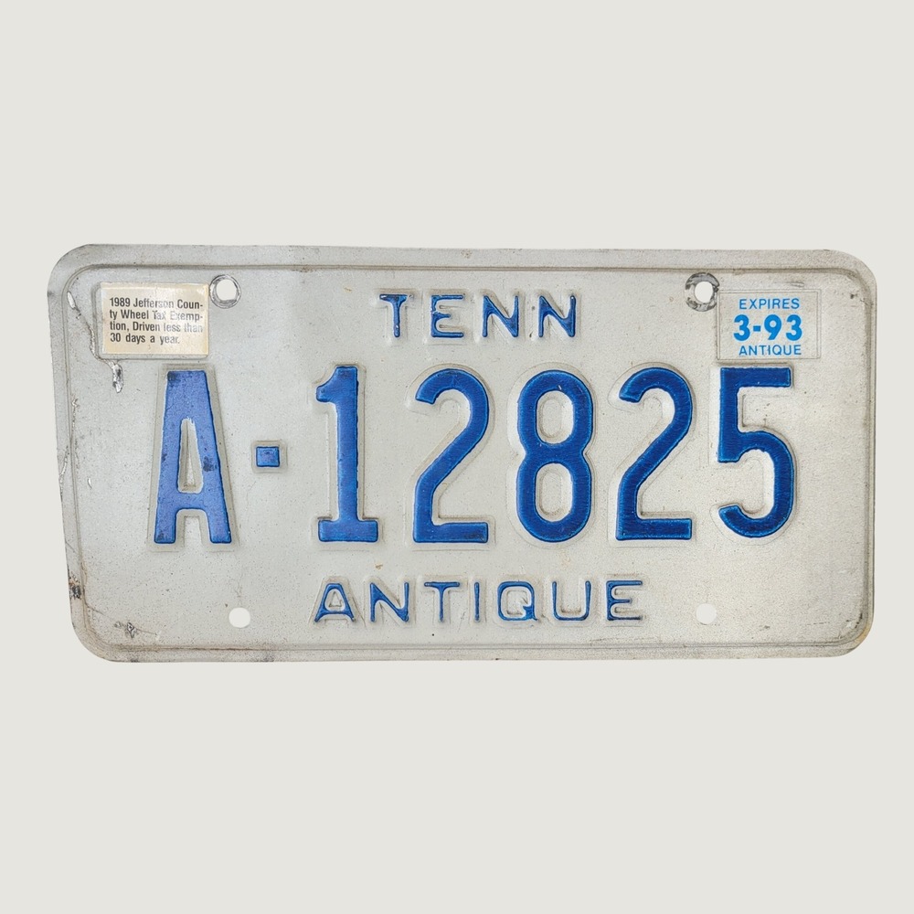 Vintage Tennessee Antique License Plate A-12825 TENN 1993 Expiration Blue White